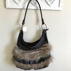 Faux leather and fur ruffled purse